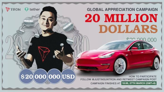 Justin Sun geeft een Tesla weg en $20 miljoen dollar met een cash Airdrop